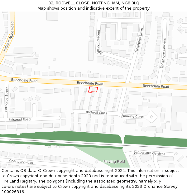 32, RODWELL CLOSE, NOTTINGHAM, NG8 3LQ: Location map and indicative extent of plot