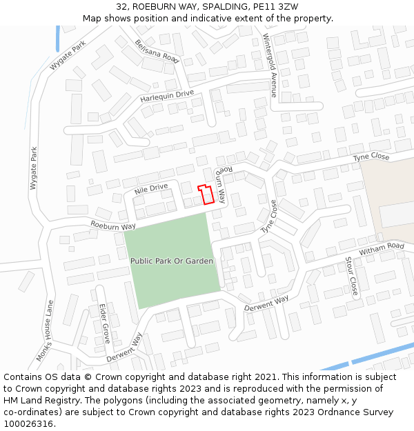 32, ROEBURN WAY, SPALDING, PE11 3ZW: Location map and indicative extent of plot