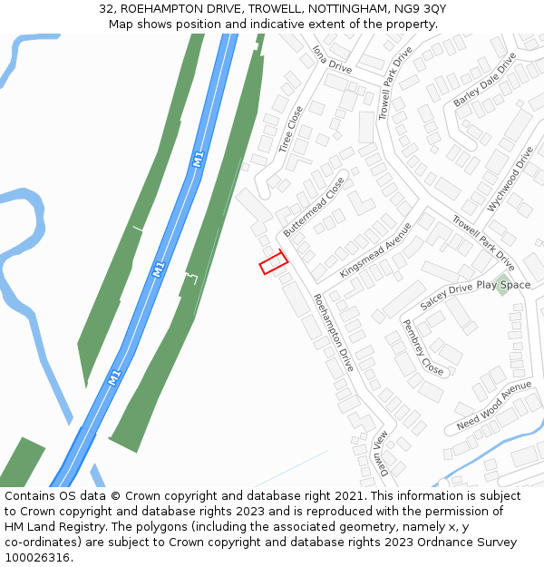 32, ROEHAMPTON DRIVE, TROWELL, NOTTINGHAM, NG9 3QY: Location map and indicative extent of plot