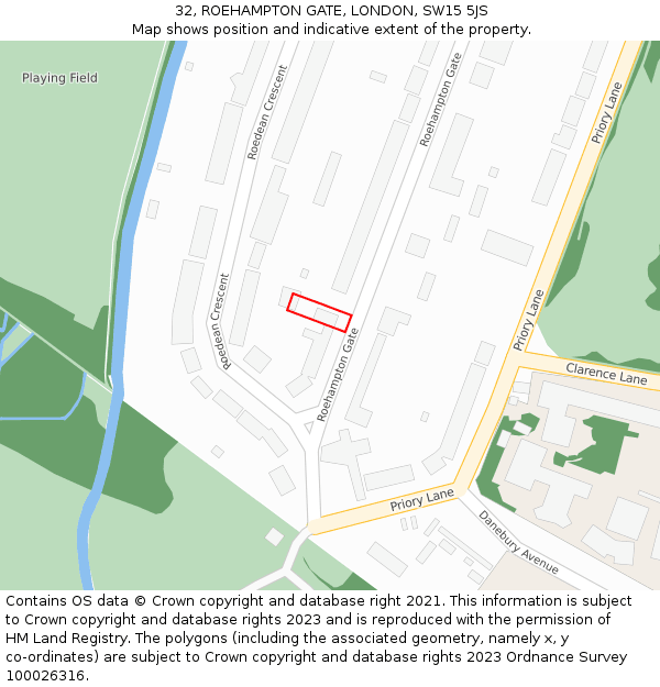 32, ROEHAMPTON GATE, LONDON, SW15 5JS: Location map and indicative extent of plot