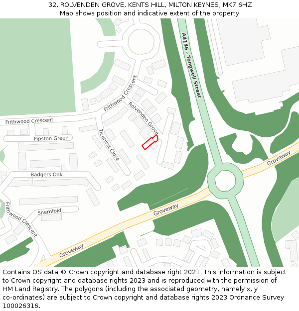 32, ROLVENDEN GROVE, KENTS HILL, MILTON KEYNES, MK7 6HZ: Location map and indicative extent of plot