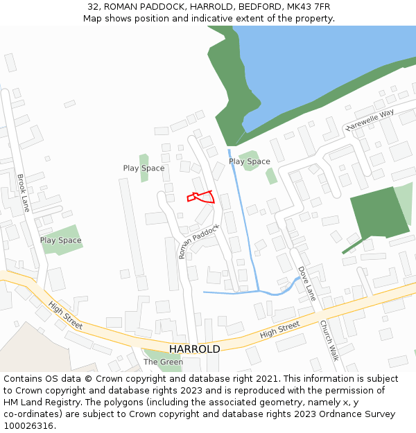 32, ROMAN PADDOCK, HARROLD, BEDFORD, MK43 7FR: Location map and indicative extent of plot