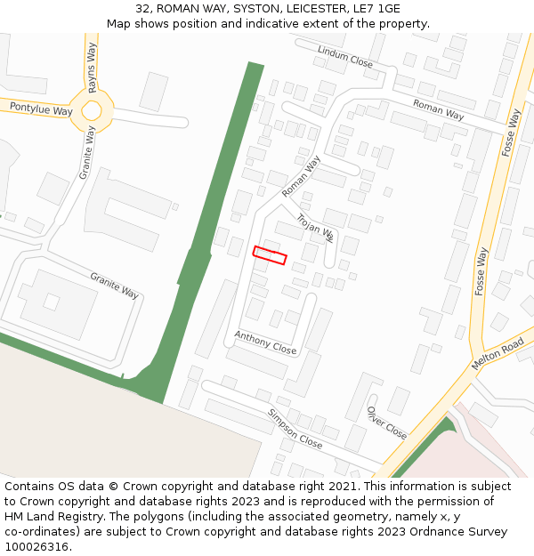 32, ROMAN WAY, SYSTON, LEICESTER, LE7 1GE: Location map and indicative extent of plot