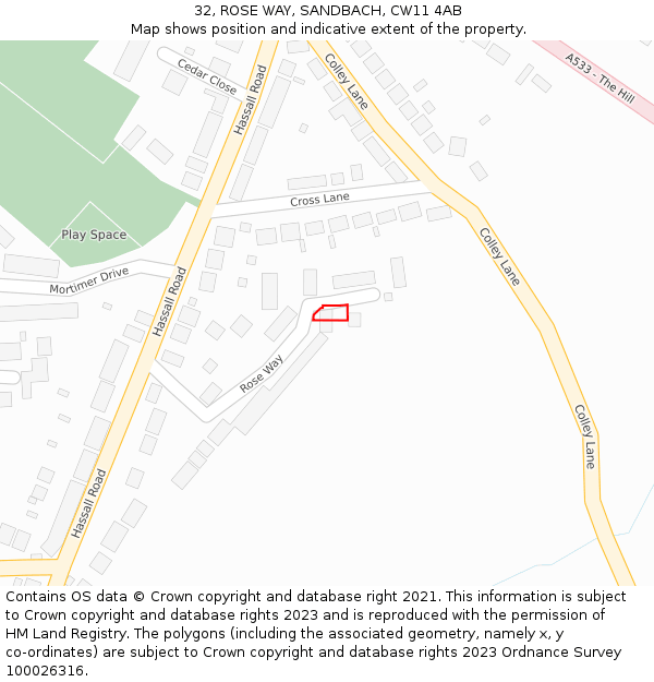 32, ROSE WAY, SANDBACH, CW11 4AB: Location map and indicative extent of plot