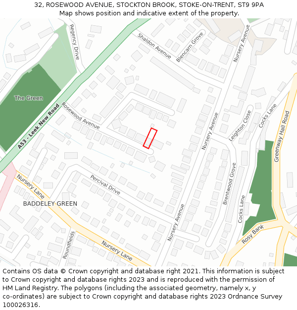 32, ROSEWOOD AVENUE, STOCKTON BROOK, STOKE-ON-TRENT, ST9 9PA: Location map and indicative extent of plot