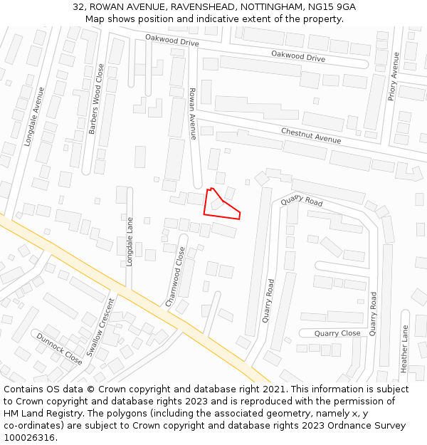 32, ROWAN AVENUE, RAVENSHEAD, NOTTINGHAM, NG15 9GA: Location map and indicative extent of plot