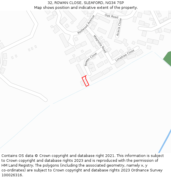 32, ROWAN CLOSE, SLEAFORD, NG34 7SP: Location map and indicative extent of plot