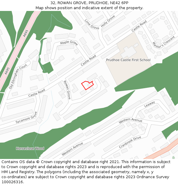 32, ROWAN GROVE, PRUDHOE, NE42 6PP: Location map and indicative extent of plot