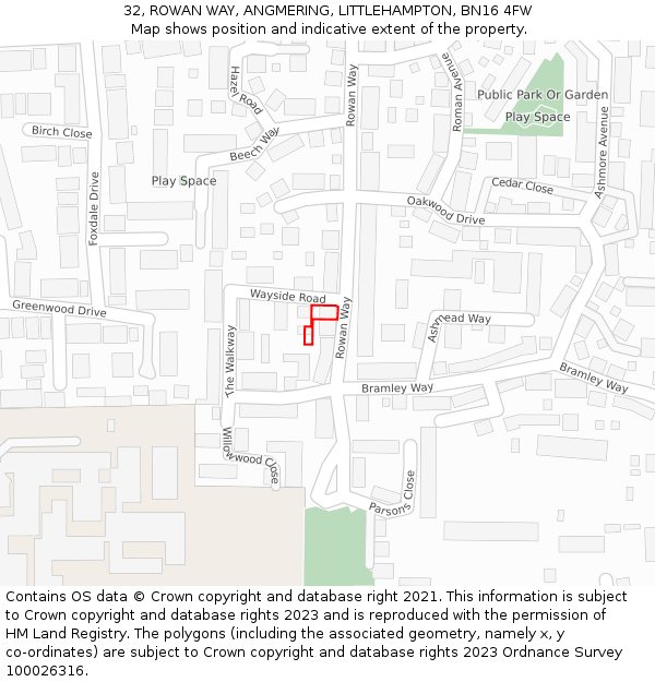 32, ROWAN WAY, ANGMERING, LITTLEHAMPTON, BN16 4FW: Location map and indicative extent of plot