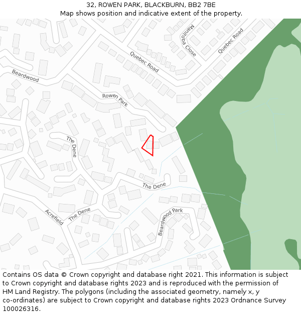 32, ROWEN PARK, BLACKBURN, BB2 7BE: Location map and indicative extent of plot