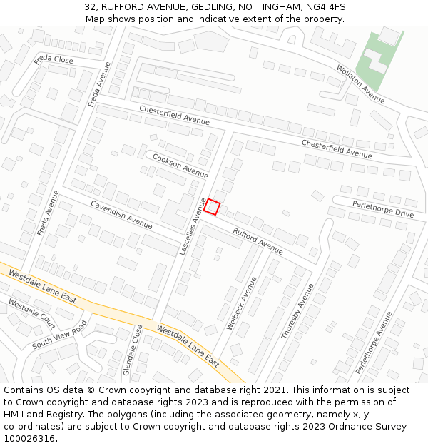 32, RUFFORD AVENUE, GEDLING, NOTTINGHAM, NG4 4FS: Location map and indicative extent of plot