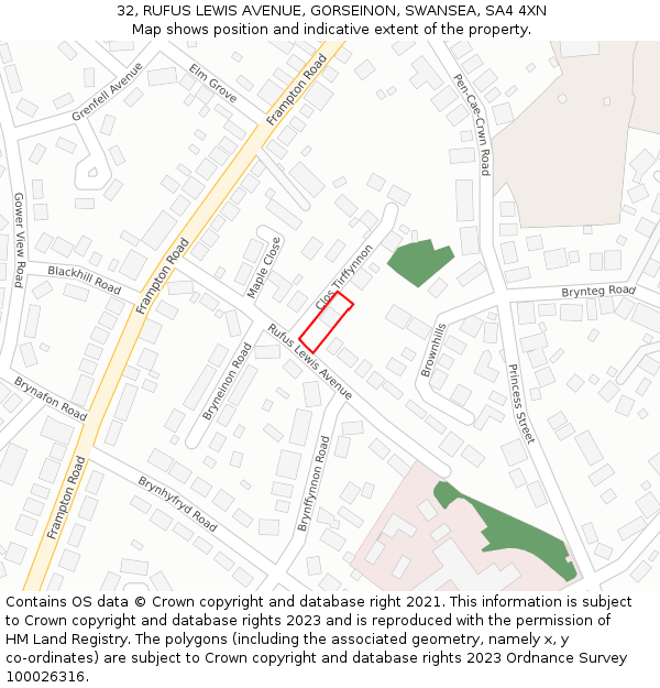 32, RUFUS LEWIS AVENUE, GORSEINON, SWANSEA, SA4 4XN: Location map and indicative extent of plot