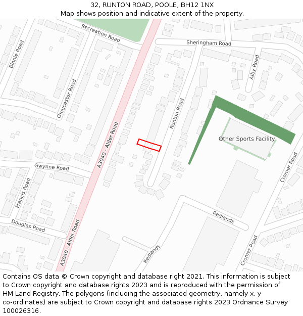32, RUNTON ROAD, POOLE, BH12 1NX: Location map and indicative extent of plot