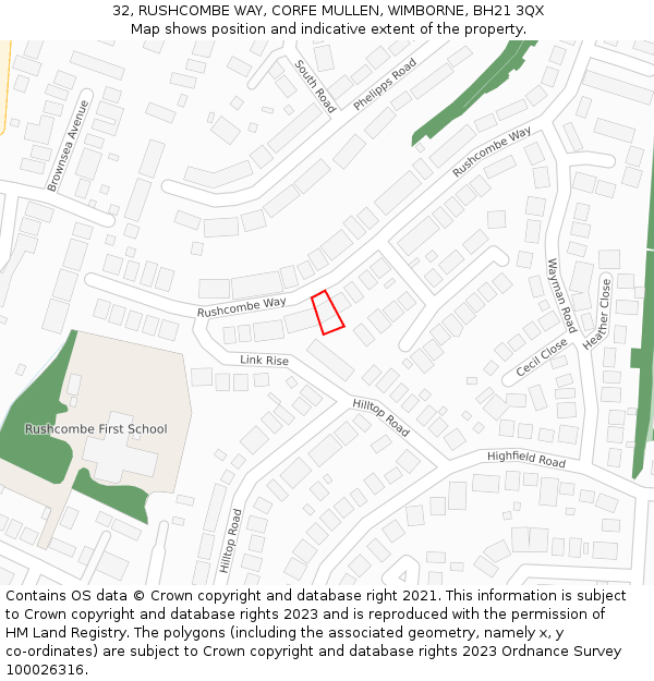 32, RUSHCOMBE WAY, CORFE MULLEN, WIMBORNE, BH21 3QX: Location map and indicative extent of plot