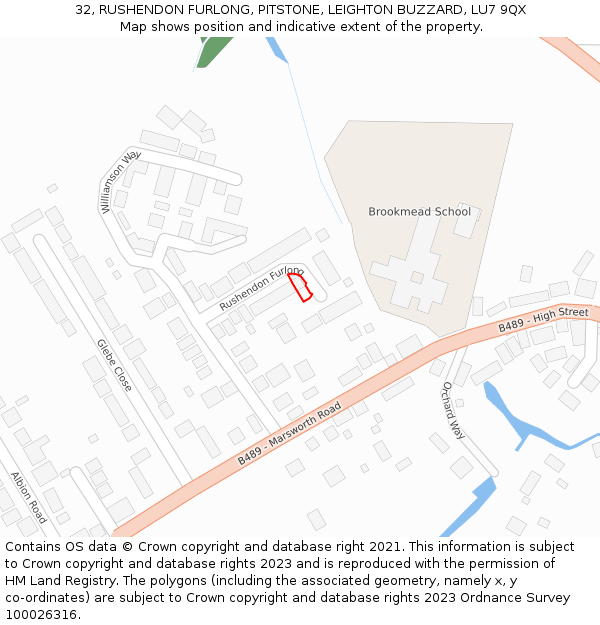 32, RUSHENDON FURLONG, PITSTONE, LEIGHTON BUZZARD, LU7 9QX: Location map and indicative extent of plot