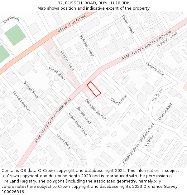 32, RUSSELL ROAD, RHYL, LL18 3DN: Location map and indicative extent of plot