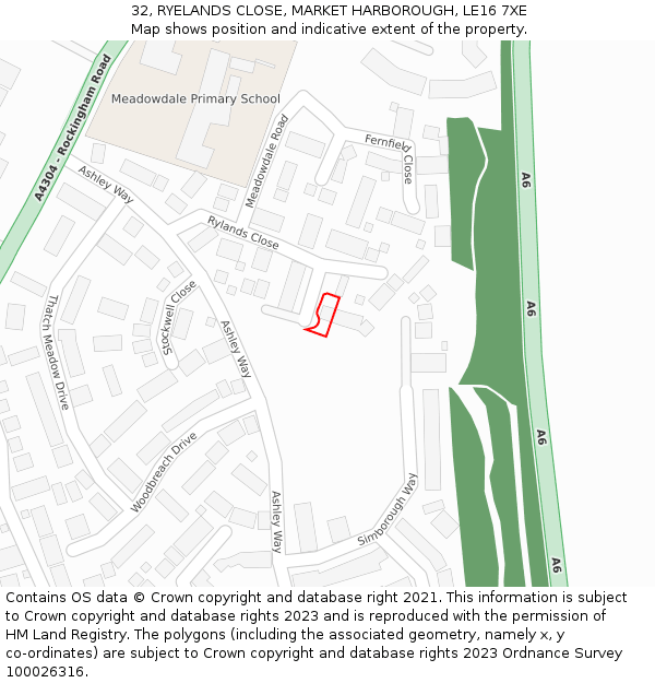 32, RYELANDS CLOSE, MARKET HARBOROUGH, LE16 7XE: Location map and indicative extent of plot