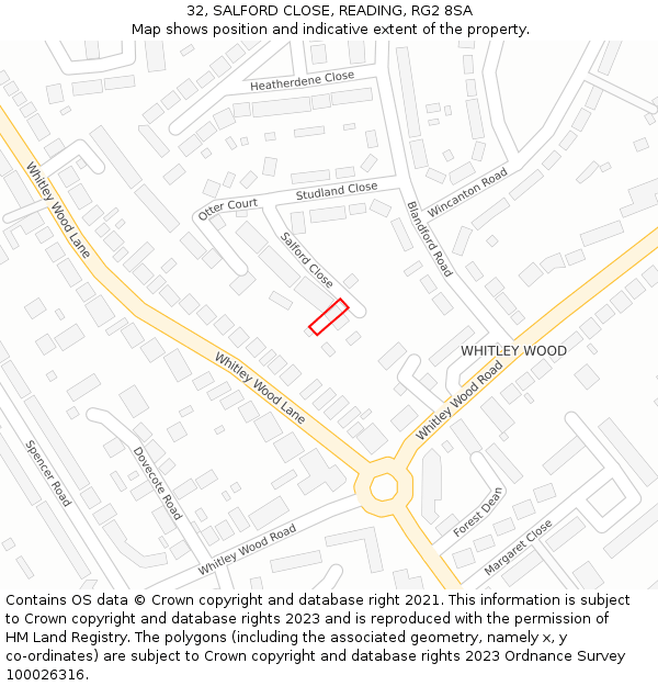 32, SALFORD CLOSE, READING, RG2 8SA: Location map and indicative extent of plot