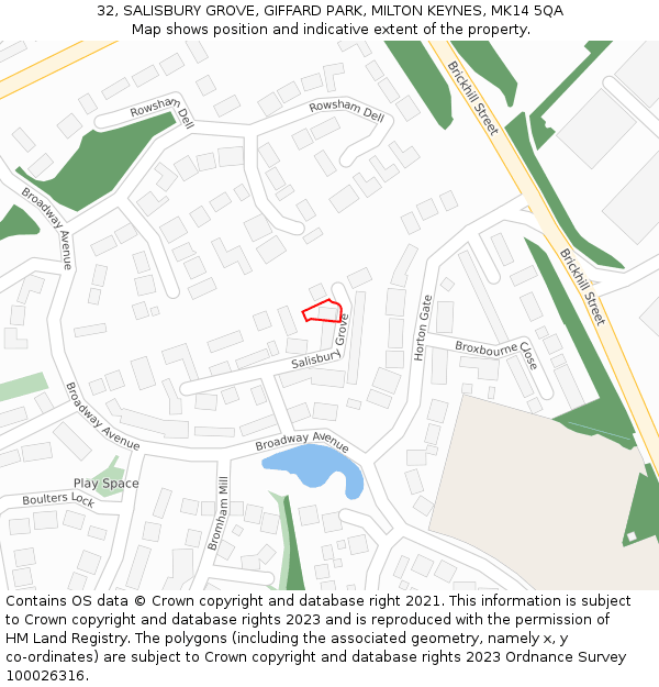 32, SALISBURY GROVE, GIFFARD PARK, MILTON KEYNES, MK14 5QA: Location map and indicative extent of plot