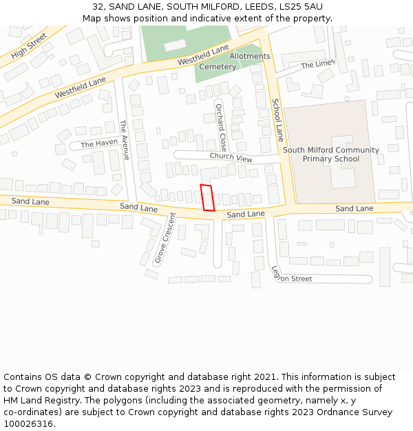 32, SAND LANE, SOUTH MILFORD, LEEDS, LS25 5AU: Location map and indicative extent of plot