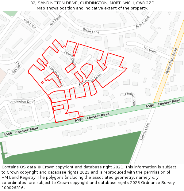32, SANDINGTON DRIVE, CUDDINGTON, NORTHWICH, CW8 2ZD: Location map and indicative extent of plot