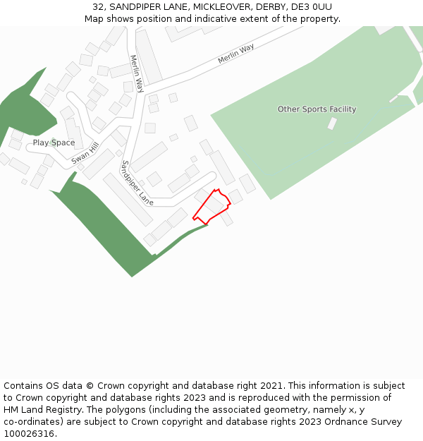 32, SANDPIPER LANE, MICKLEOVER, DERBY, DE3 0UU: Location map and indicative extent of plot