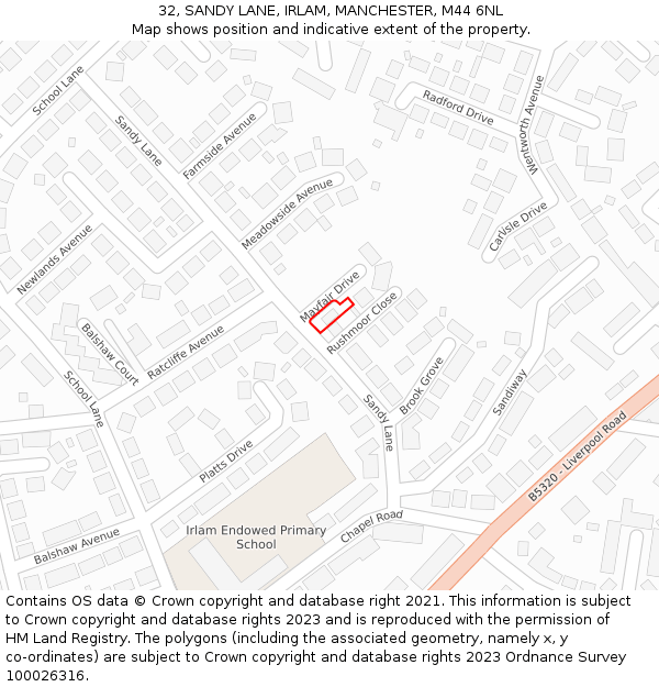 32, SANDY LANE, IRLAM, MANCHESTER, M44 6NL: Location map and indicative extent of plot