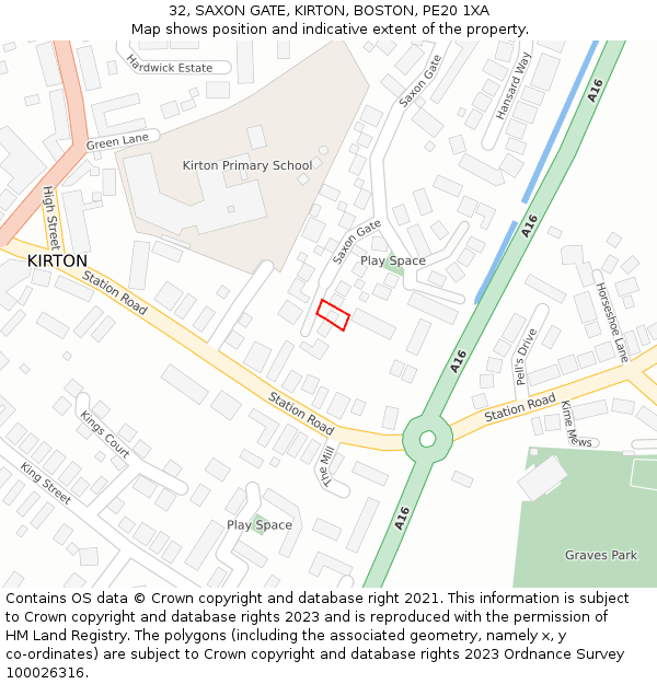 32, SAXON GATE, KIRTON, BOSTON, PE20 1XA: Location map and indicative extent of plot
