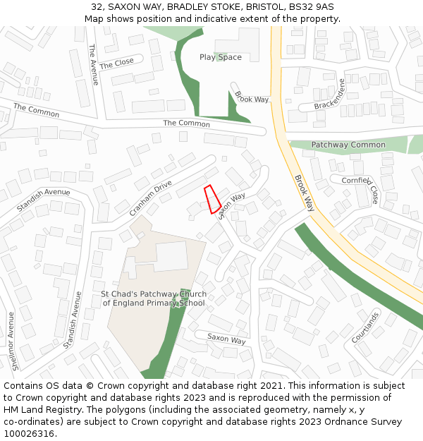 32, SAXON WAY, BRADLEY STOKE, BRISTOL, BS32 9AS: Location map and indicative extent of plot