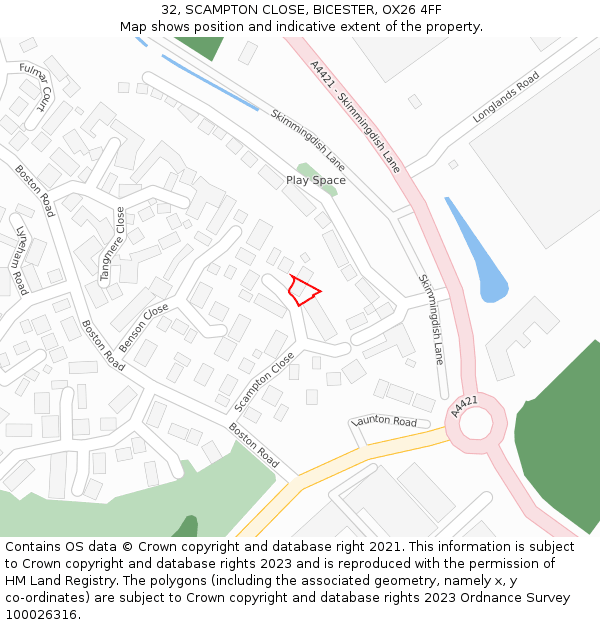 32, SCAMPTON CLOSE, BICESTER, OX26 4FF: Location map and indicative extent of plot