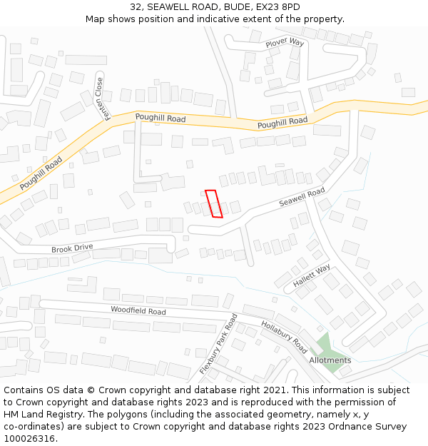 32, SEAWELL ROAD, BUDE, EX23 8PD: Location map and indicative extent of plot