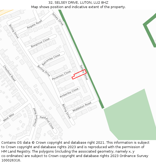 32, SELSEY DRIVE, LUTON, LU2 8HZ: Location map and indicative extent of plot