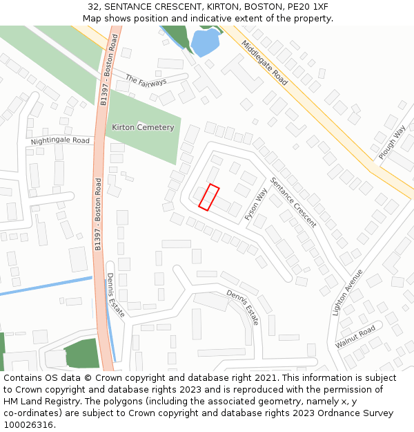 32, SENTANCE CRESCENT, KIRTON, BOSTON, PE20 1XF: Location map and indicative extent of plot