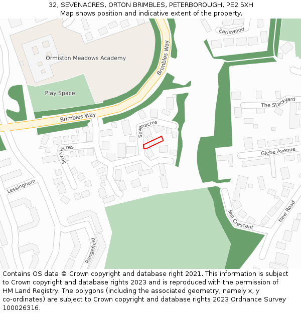 32, SEVENACRES, ORTON BRIMBLES, PETERBOROUGH, PE2 5XH: Location map and indicative extent of plot