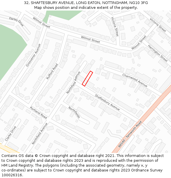 32, SHAFTESBURY AVENUE, LONG EATON, NOTTINGHAM, NG10 3FG: Location map and indicative extent of plot