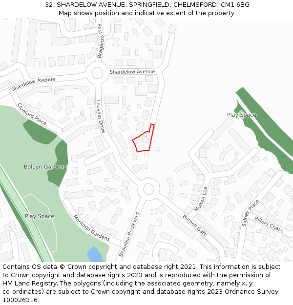 32, SHARDELOW AVENUE, SPRINGFIELD, CHELMSFORD, CM1 6BG: Location map and indicative extent of plot