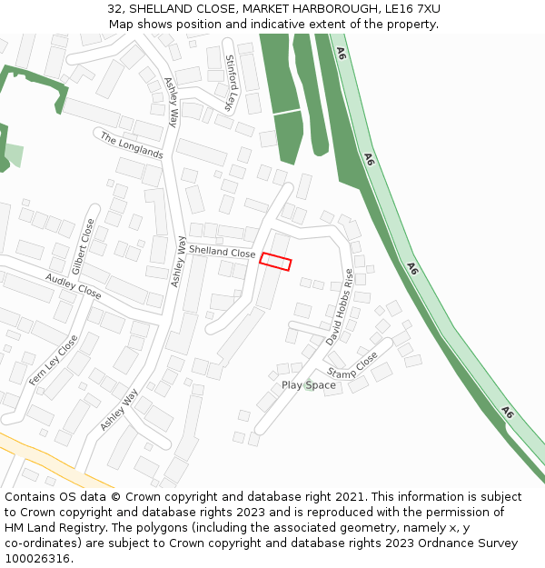 32, SHELLAND CLOSE, MARKET HARBOROUGH, LE16 7XU: Location map and indicative extent of plot