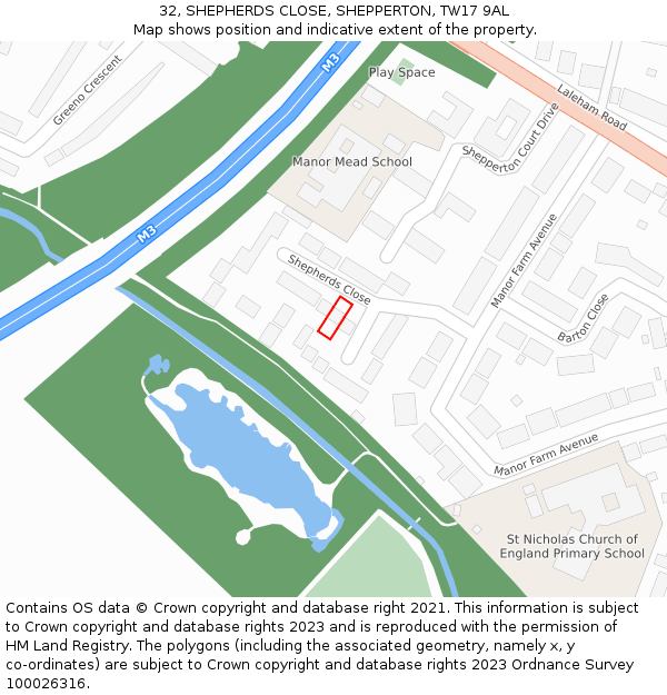 32, SHEPHERDS CLOSE, SHEPPERTON, TW17 9AL: Location map and indicative extent of plot