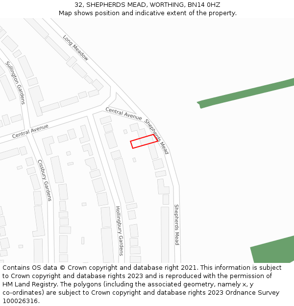 32, SHEPHERDS MEAD, WORTHING, BN14 0HZ: Location map and indicative extent of plot