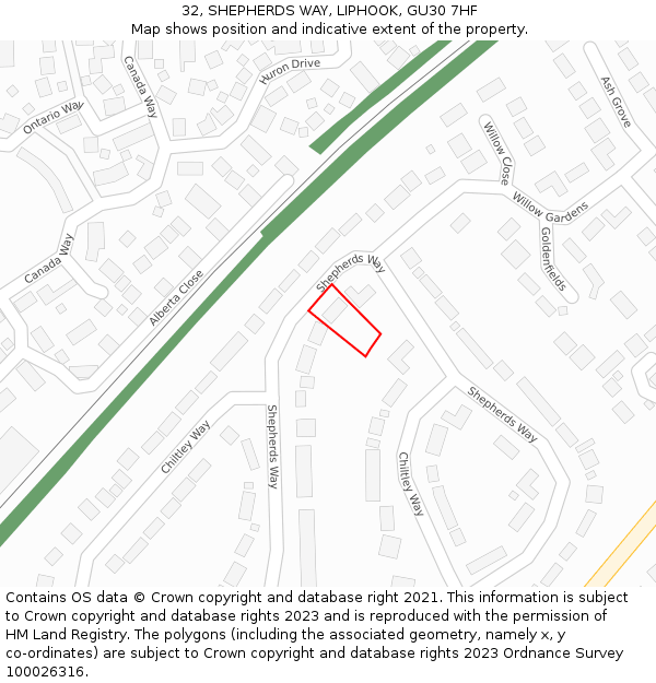 32, SHEPHERDS WAY, LIPHOOK, GU30 7HF: Location map and indicative extent of plot