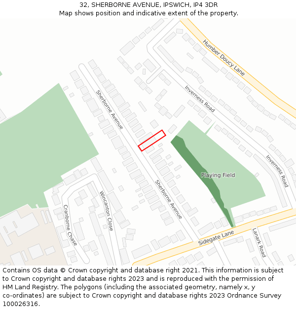 32, SHERBORNE AVENUE, IPSWICH, IP4 3DR: Location map and indicative extent of plot