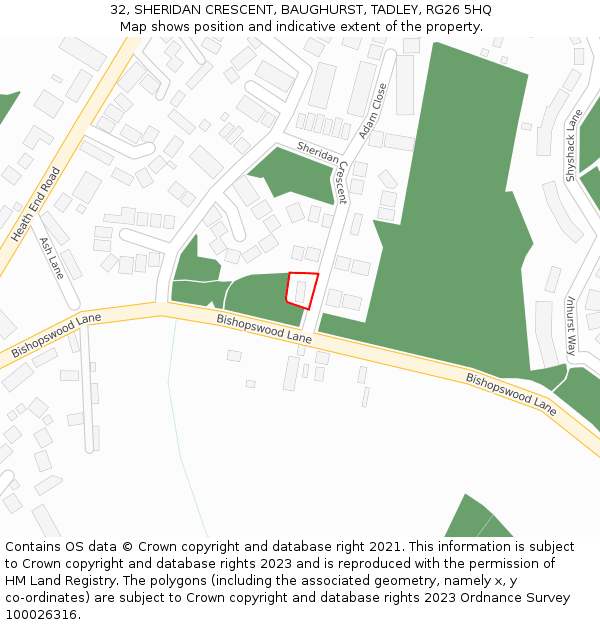 32, SHERIDAN CRESCENT, BAUGHURST, TADLEY, RG26 5HQ: Location map and indicative extent of plot