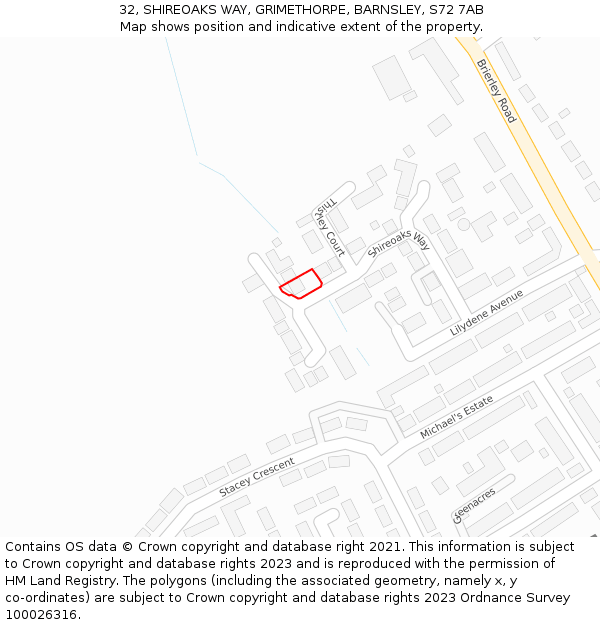 32, SHIREOAKS WAY, GRIMETHORPE, BARNSLEY, S72 7AB: Location map and indicative extent of plot