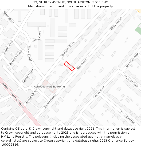 32, SHIRLEY AVENUE, SOUTHAMPTON, SO15 5NG: Location map and indicative extent of plot