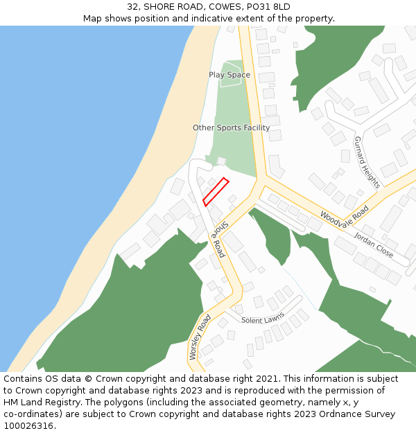 32, SHORE ROAD, COWES, PO31 8LD: Location map and indicative extent of plot