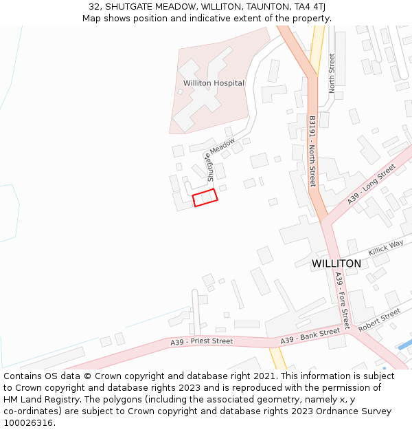 32, SHUTGATE MEADOW, WILLITON, TAUNTON, TA4 4TJ: Location map and indicative extent of plot