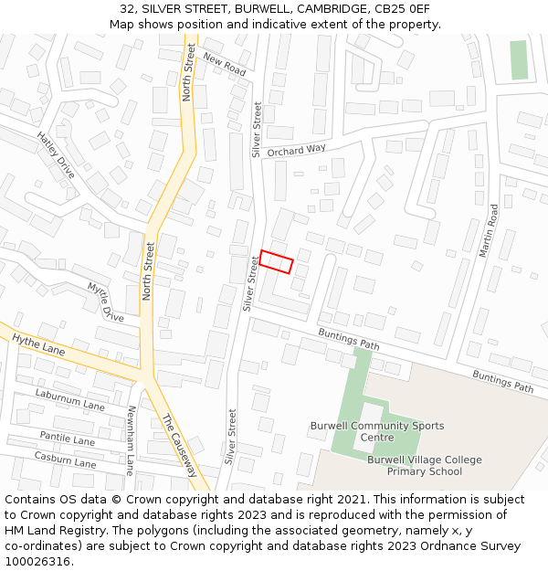 32, SILVER STREET, BURWELL, CAMBRIDGE, CB25 0EF: Location map and indicative extent of plot