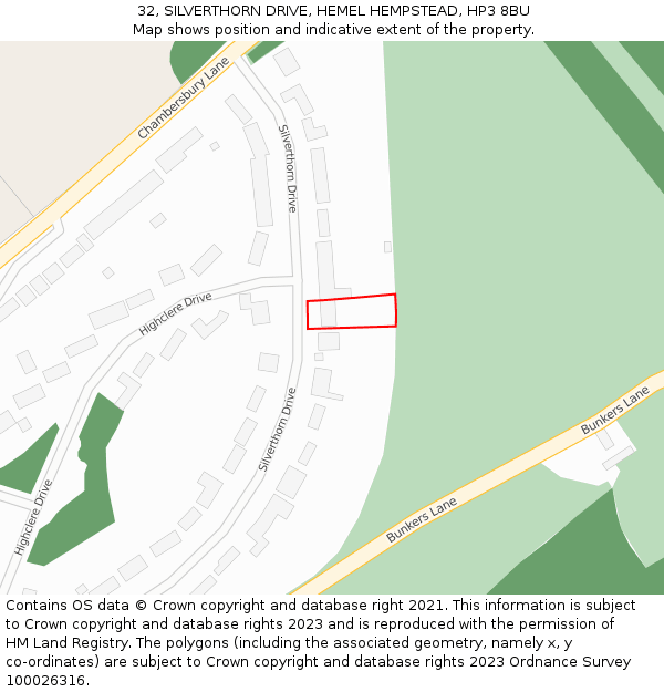 32, SILVERTHORN DRIVE, HEMEL HEMPSTEAD, HP3 8BU: Location map and indicative extent of plot