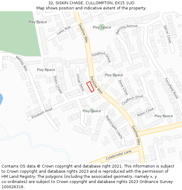 32, SISKIN CHASE, CULLOMPTON, EX15 1UD: Location map and indicative extent of plot