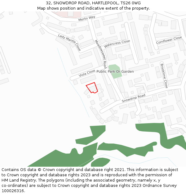 32, SNOWDROP ROAD, HARTLEPOOL, TS26 0WG: Location map and indicative extent of plot